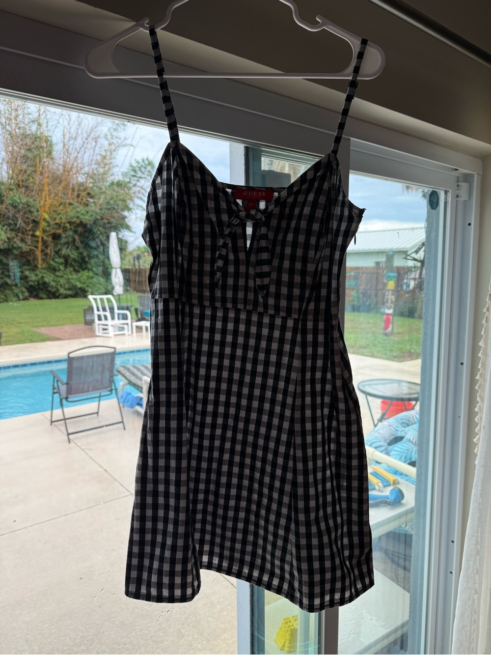 GUESS Black & White Gingham Spaghetti Strap Mini Dress